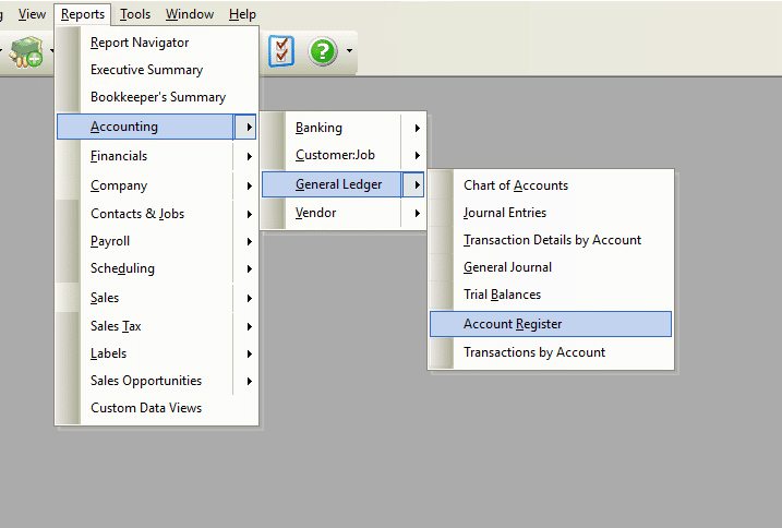 Account Register Report File Path