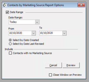 Contacts by Marketing Source Report Options