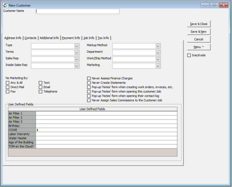 Customer:Job Form - Additional Info Tab - Aptora