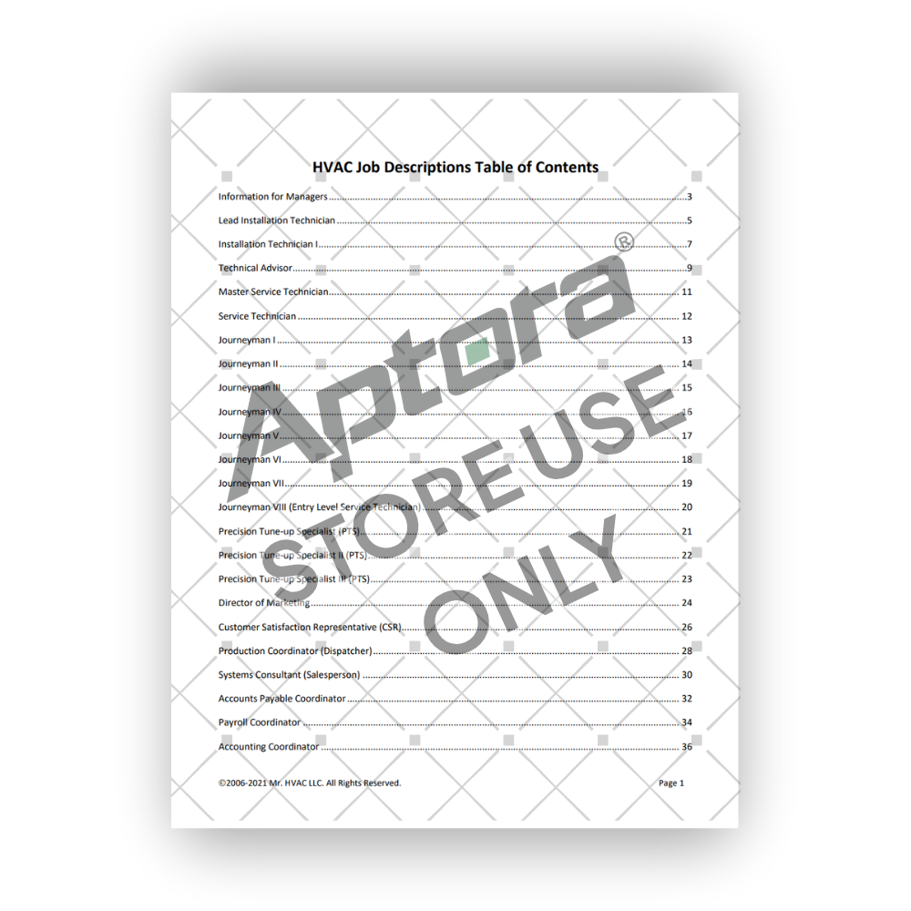 Comprehensive Job Descriptions - HVAC Table of Contents