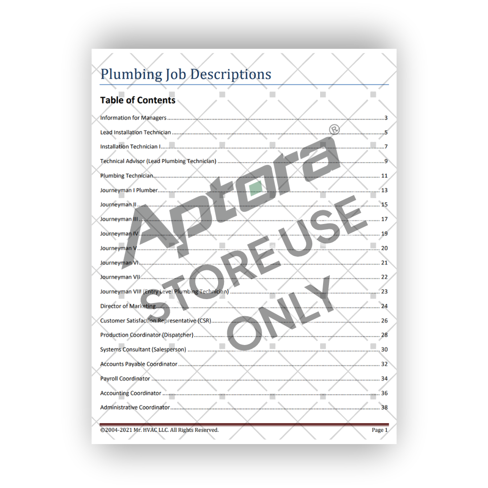 Comprehensive Job Descriptions - Plumbing Table of Contents