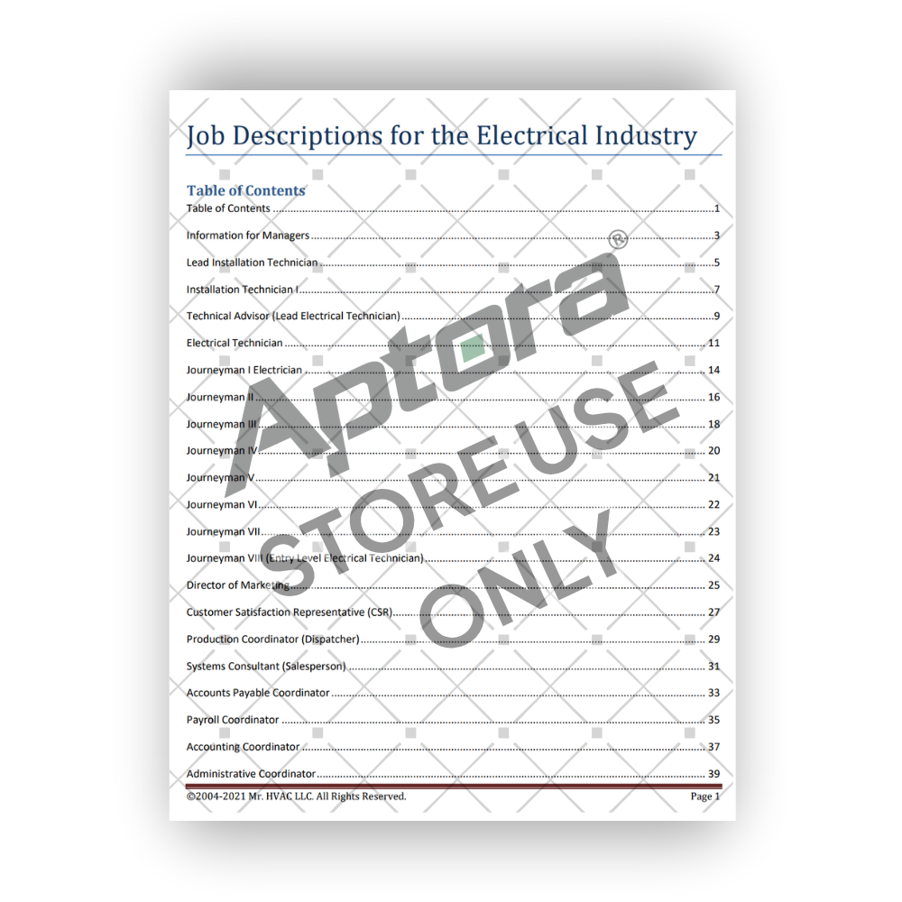 Comprehensive Job Descriptions - Electrical Table of Contents