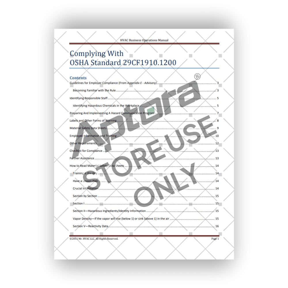 OSHA MSDS Compliance Kit - Table of Contents page