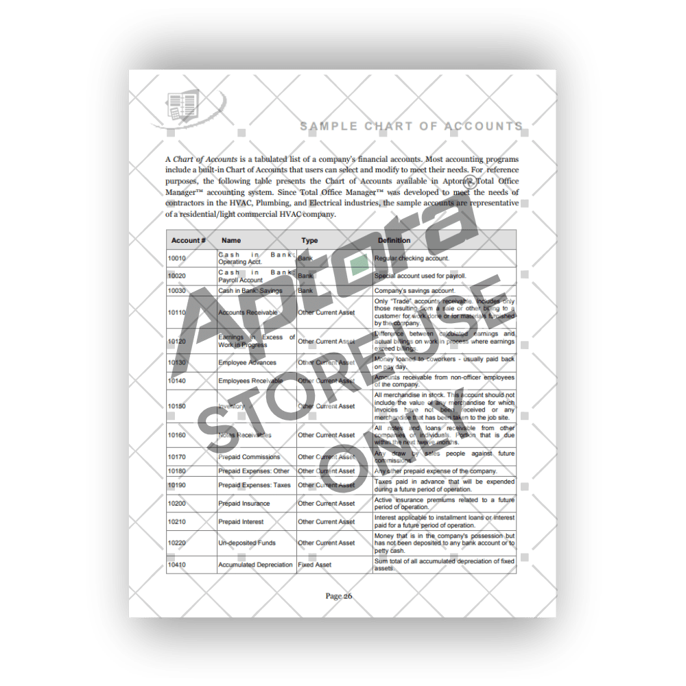 Simple Accounting Principles for Small Contractors - Sample Chart of Accounts Page