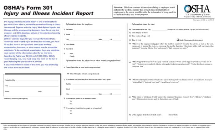 Image of OSHA's Form 301 Injury Report