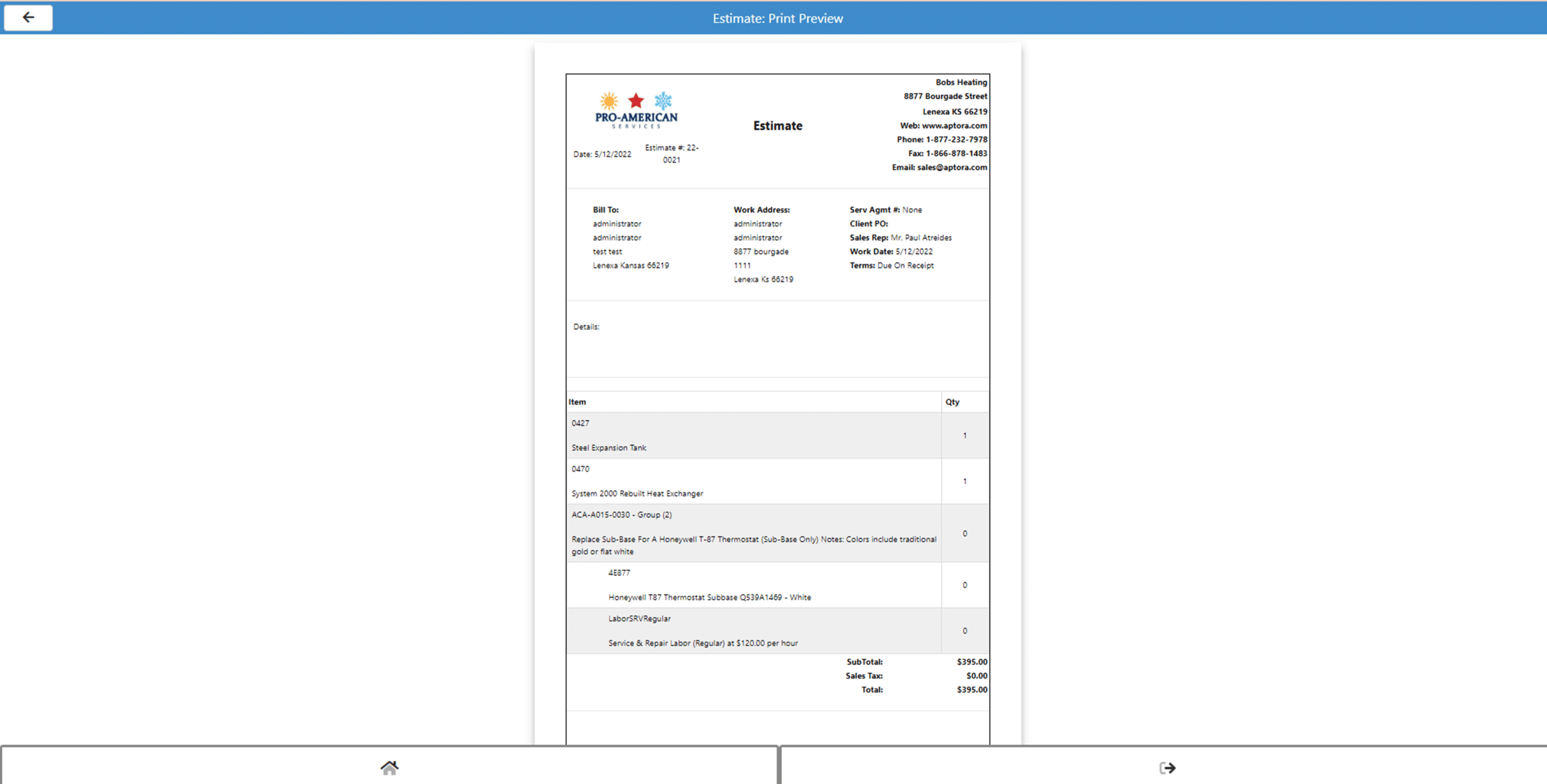 Customer Access Portal: Preview of an Estimate Document
