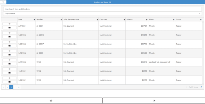 Screenshot of Invoices and Sales List in Customer Access Portal